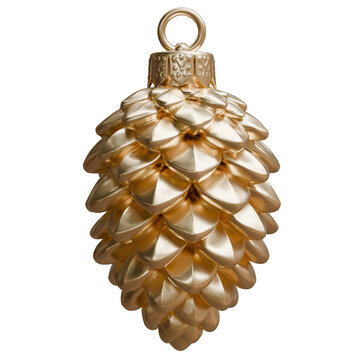 Gold pinecone Christmas ornament with hanging loop isolated on white transparent. Xmas tree decoration