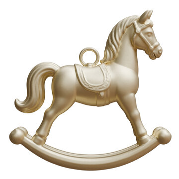 Gold rocking horse Christmas ornament with hanging loop, isolated on white transparent. Xmas decoration,