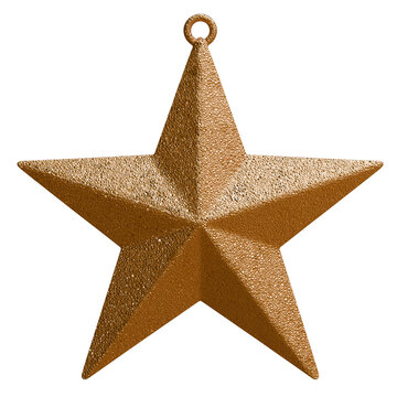 Gold star Christmas tree ornament with a hanging loop isolated on white transparent, Winter holiday decoration