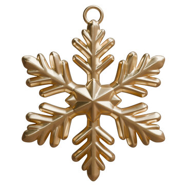 Gold Christmas snowflake ornament with a hanging loop isolated on white transparent