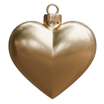 A gold heart shape Christmas tree ornament with hanging loop isolated on white transparent