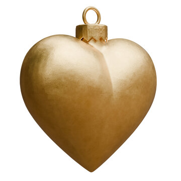 A gold heart shape Christmas tree ornament with hanging loop isolated on white transparent