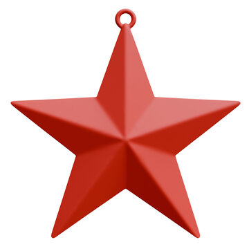 Red star Christmas tree ornament with a hanging loop isolated on white transparent, Winter holiday decoration