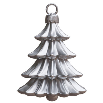Silver Christmas tree ornament with hanging loop isolated on white transparent. Xmas decoration