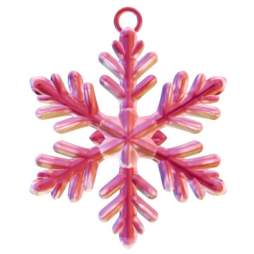 Iridescent pink crystal Christmas snowflake ornament with a hanging loop isolated on white transparent