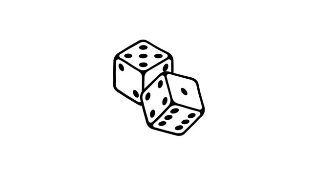Animation of two white dice landing on random numbers, full of suspense, cartoon doodle style, black and white concept, 4K video