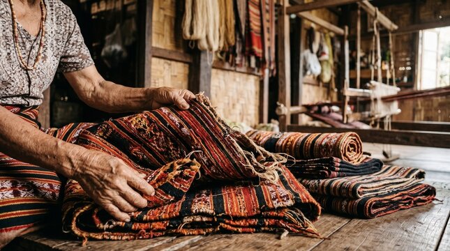 Traditional artisan holding handmade woven textile in local workshop with wooden loom background