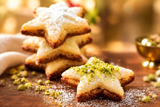 Star-shaped pistachio cookies with a layer of marzipan, sprinkled with chopped green pistachios
