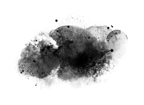 Abstract ink blob, grunge art. Black paint stroke texture in marble style. Wallpaper design. Hand drawn watercolor isolated illustration on transparent background
