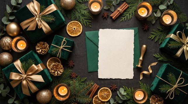 Christmas Gift Wrapping Flat Lay with Green Boxes Gold Ornaments and Blank Greeting Card