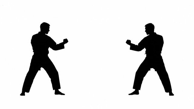 Martial arts fighter silhouette vector illustration, karate or taekwondo high kick action pose isolated on white background.