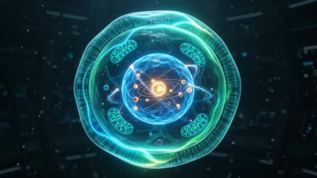 A futuristic 3D illustration of a glowing blue biological cell with a bright central atomic structure and visible mitochondria, representing cellular biology, energy, and scientific discovery.