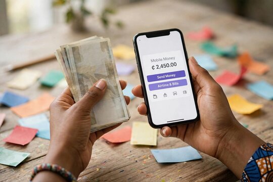 Person holding cash and using mobile money app on smartphone to send money