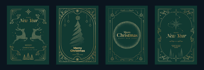 Plakat Art Deco Christmas and New Year greeting cards vector set with golden reindeer silhouettes, evergreen trees, ornate arches plus deep teal backgrounds. Elegant vintage festive winter designs.