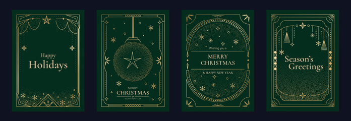 Obraz na płótnie Canvas Christmas luxury greeting card vector designs with golden borders, hanging baubles, radiant star motifs and emerald green backgrounds. Elegant holiday invitations for festive winter celebrations.