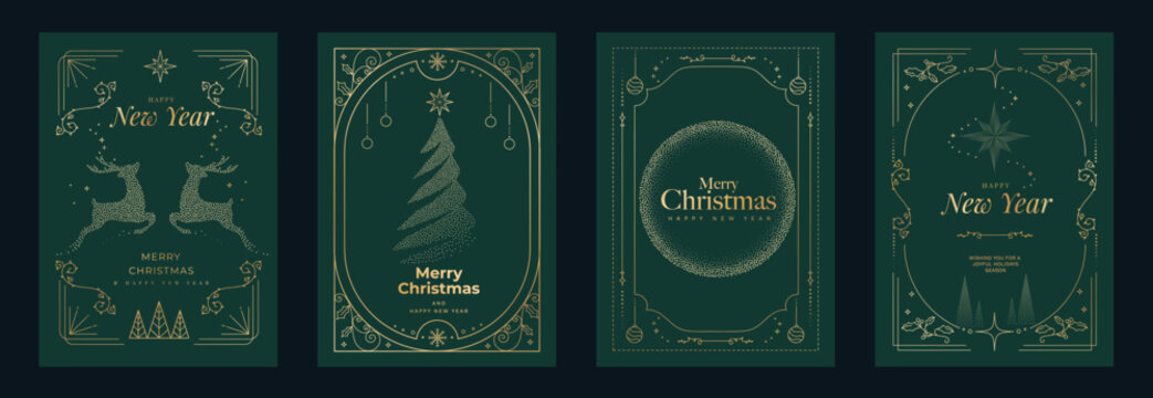 Art Deco Christmas and New Year greeting cards vector set with golden reindeer silhouettes, evergreen trees, ornate arches plus deep teal backgrounds. Elegant vintage festive winter designs.
