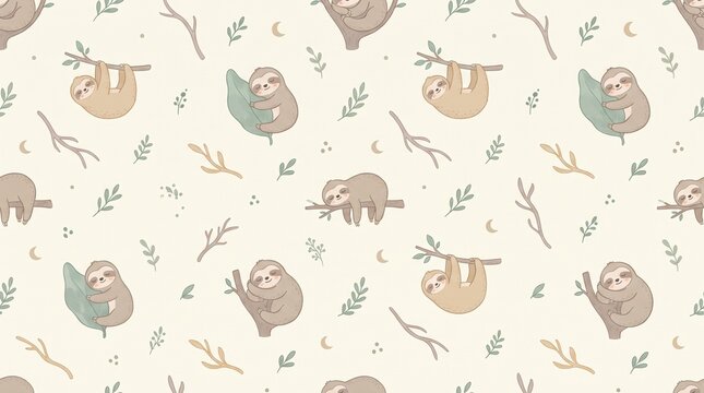 Seamless nursery pattern with cute sleeping sloths and branches