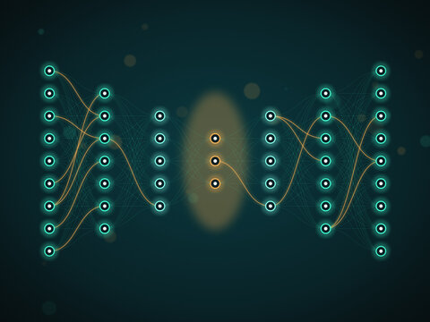 Autoencoder neural network architecture with narrowing bottleneck layer and glowing connections