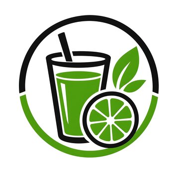 Minimal juice bar logo with green citrus drink, fresh leaf and lime slice for healthy beverage branding, smoothie shops, juice cafes and natural drink packaging