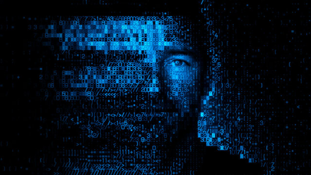 Man's Face made of Encrypted Data, symbolising Stolen Personal Data Concept.