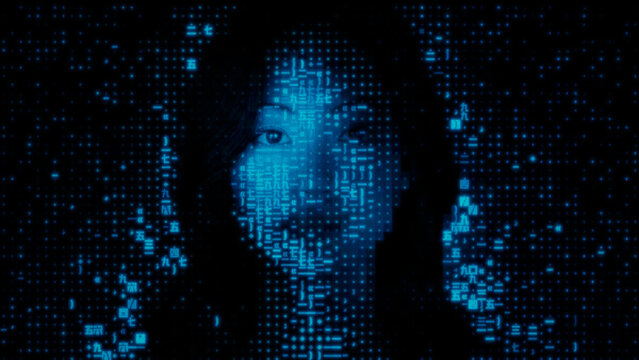 Human Face formed from Raw Data. Digital Twin Concept.