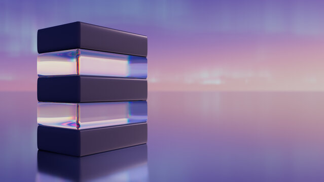 Five-Level Horizontal Rectangular Stacked Shapes of Matte Blocks and Rainbow Glass Core on Lavender Background, Cybersecurity Concept with copy-space.