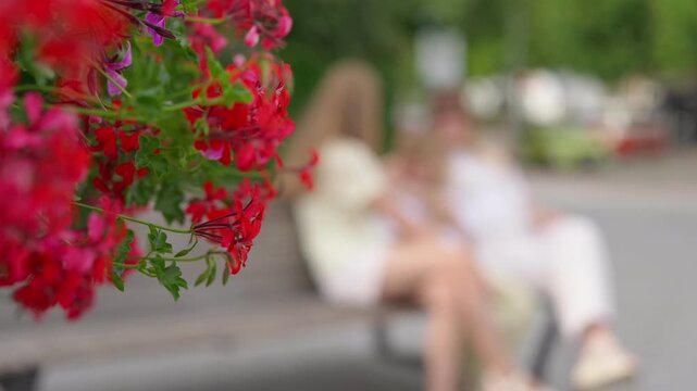 Woman and two children laughing together slow motion on a wooden bench with flowers in the foreground