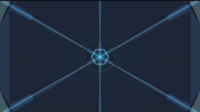 Abstract futuristic hexagonal digital tunnel with glowing blue lines, technological data network concept background for science fiction themes