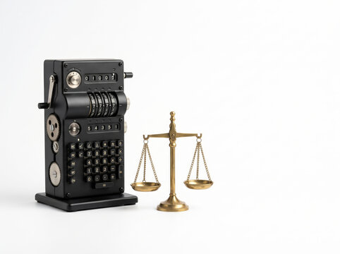 Vintage Mechanical Calculator Next To Balance Justice Scales