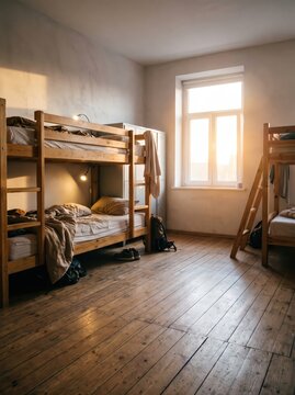 Wooden bunk beds in a shared hostel dormitory with an empty floor. Budget accommodation for travelers and group lodging. Shared bedroom interior. Rustic wooden furniture and simple living.