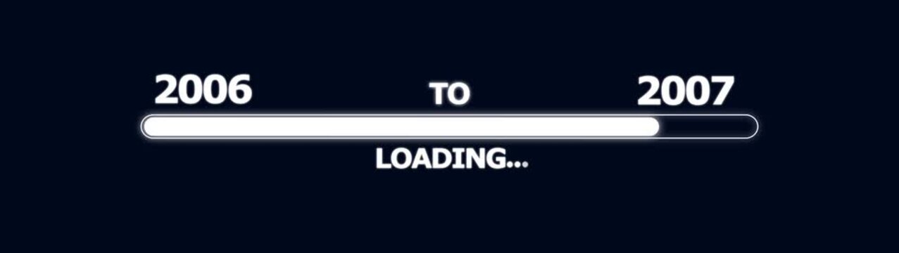 Minimalist loading bar animation transitioning from 2006 to 2007 on dark background