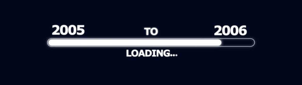 Minimalist loading bar animation transitioning from 2005 to 2006 on dark background