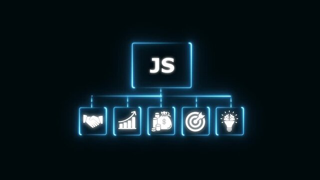 Java script programming concept with glowing digital icons for web development and business strategy