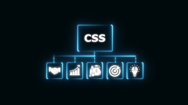 Css web development concept with glowing digital icons and business strategy infographic