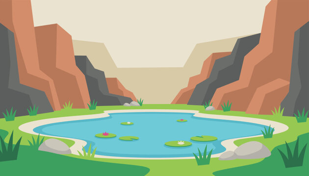 Tranquil oasis pond filled with water lilies and surrounded by green grass tucked between high rocky canyon cliffs.