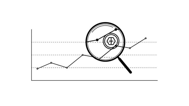 magnifying glass highlighting a graph with rising and falling prices. Market fluctuations, financial analysis, and economic trends concept.