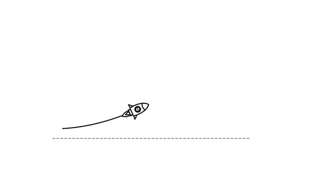 2D line art animation of a rocket speeding upward along an exponential curve, illustrating rapid acceleration and explosive growth. Business expansion, increasing momentum, and breakthrough performanc