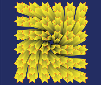 Abstract 3D yellow star shapes arranged in a swirling grid pattern on a dark blue background.
