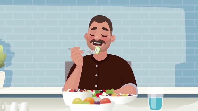 Happy man with mustache eating fresh vegetable salad in restaurant with modern interior design style