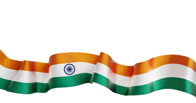 Indian flag glitter ribbon waving isolated on transparent background with copy space 3D render