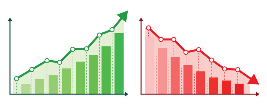 Financial Growth and Decline Bar Charts with Green and Red Trend Arrows