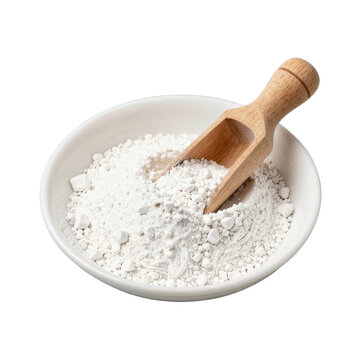 Starch powder in a small white bowl with a wooden scoop
