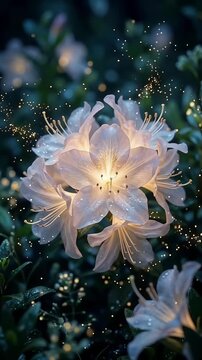 Glowing white flowers at night with magical sparkles