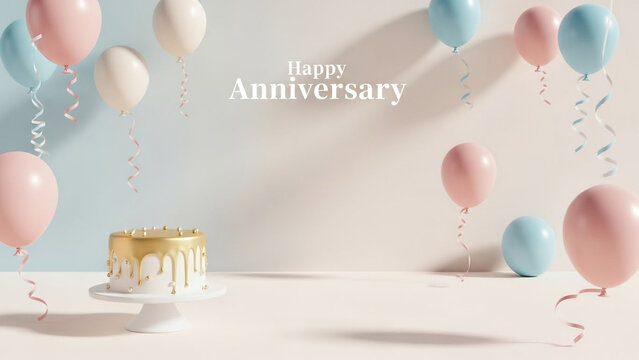 Happy Anniversary text with gold drip cake and floating pastel pink and blue balloons on a soft cream background for a festive celebration greeting card or party invitation banner