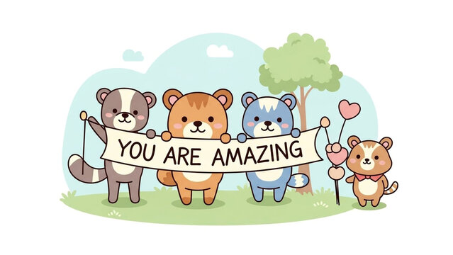You are amazing banner held by cartoon bears with heart balloon on grassy hill