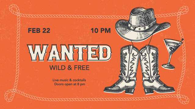Wild West party invitation collage banner with cowboy hat, leather boots, cocktail glass and lasso frame. Country music event poster template. Vector isolated illustration