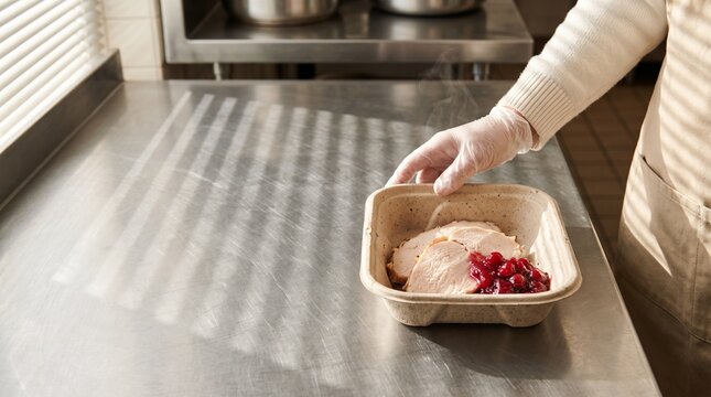 Chef wearing protective gloves preparing a takeaway meal with sliced turkey breast and cranberry sauce in an eco-friendly biodegradable container on a stainless steel kitchen counter