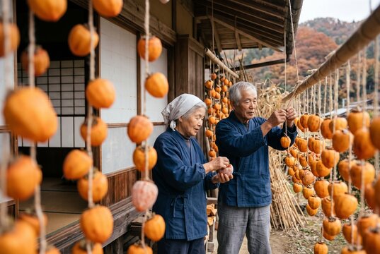 Elderly Japanese couple hanging peeled persimmons to dry under the eaves of a traditional wooden house in autumn