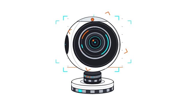 Modern Smart Security Camera Pan Tilt Head Telescopic Lens Zoom Tracking Ring Scanning Seamless Loop Flat Minimalist Vector Animation high quality professional