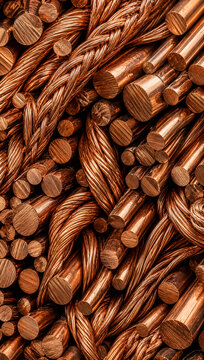 texture of tightly bundled polished copper rods and braided copper wire, warm metallic copper tones